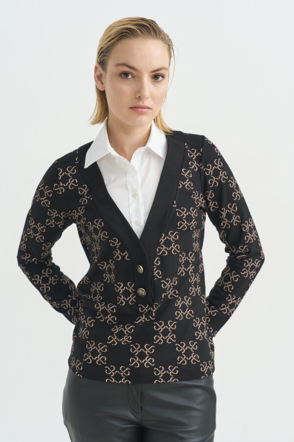 Monogram print blouse with shirt effect