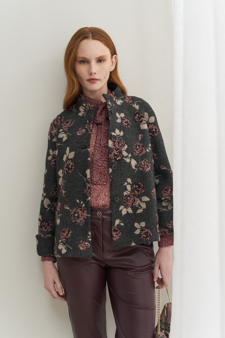 Σακάκι μάλλινο boxy με broquard λουλούδια - Image 2