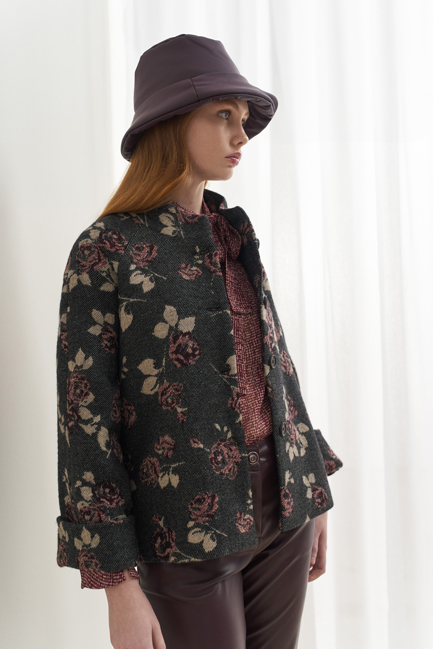 Σακάκι μάλλινο boxy με broquard λουλούδια - Image 3