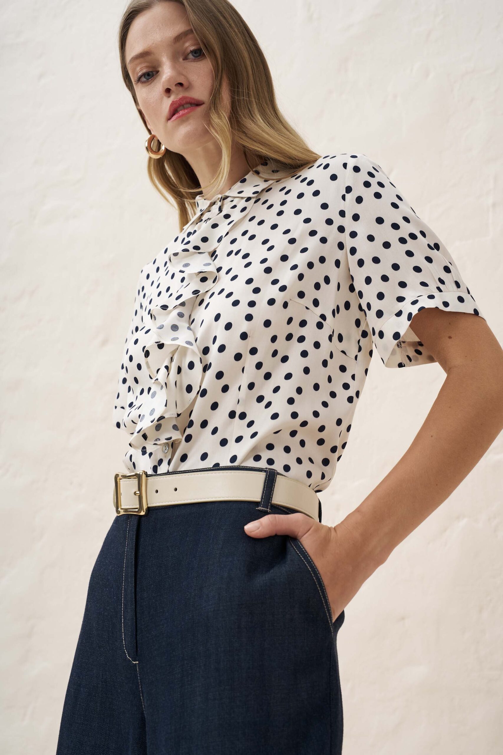 Viscose polka dot ruffle shirt
